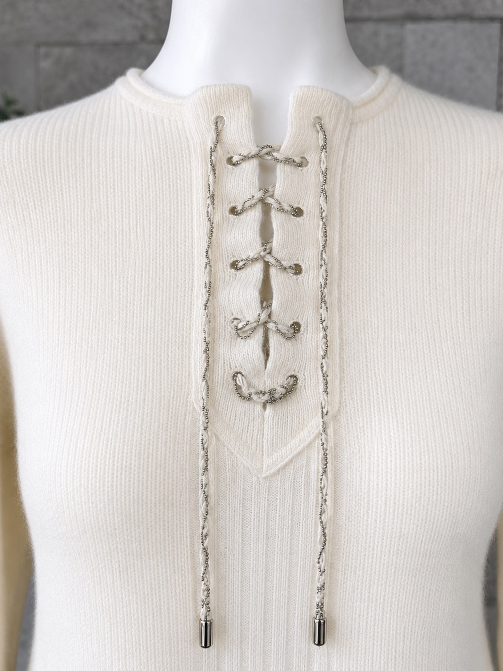 St. John Ivory Cashmere Silk Lace-Up Metallic Trim Sweater S
